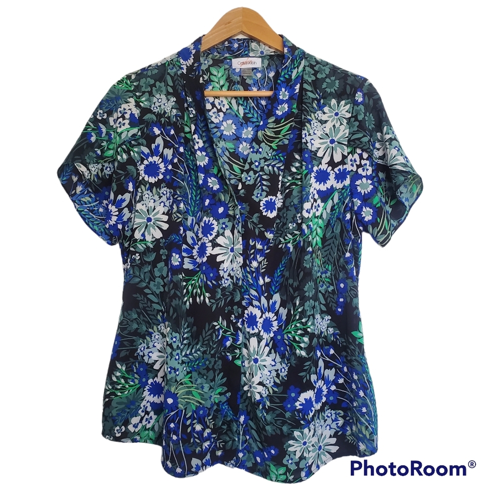 Calvin Klein Short Sleeve Floral Blouse Black, Blue and Green Size XL